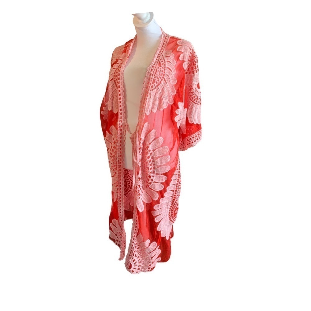 Siren Lily Maternity Kimono Women Size Large Red and White Floral Tie Wa…